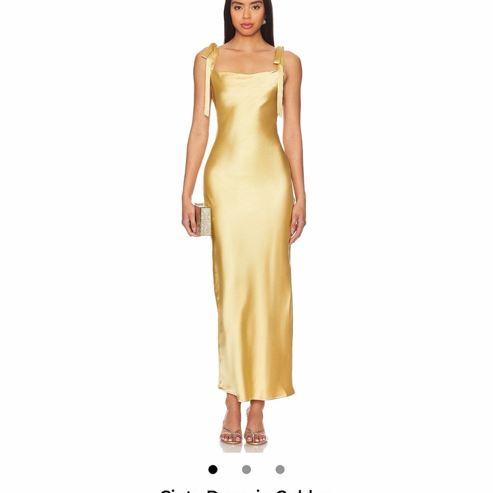 REVOLVE Gold Satin Maxi Slip Dress with Tie Straps